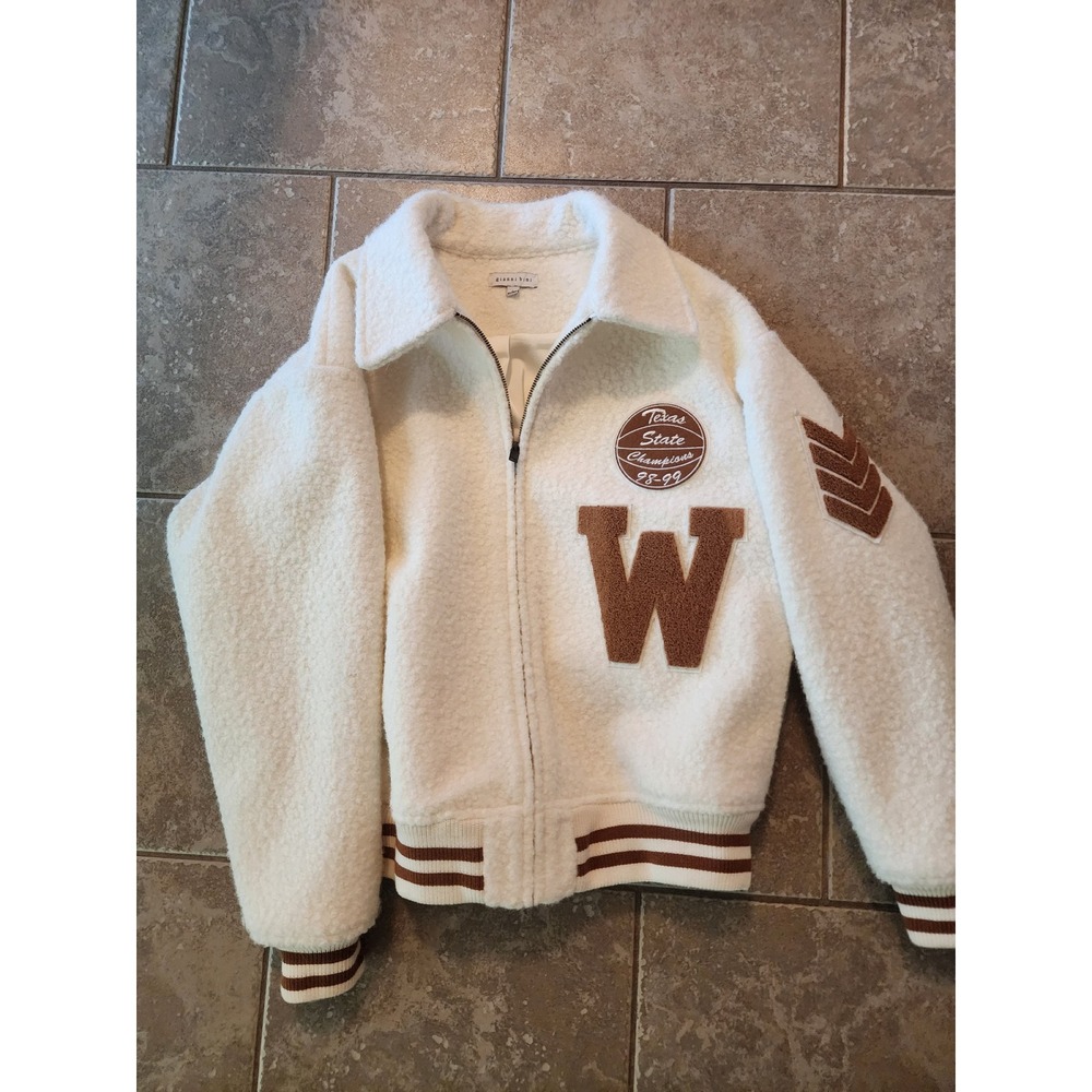 Nastia Liukin for Gianni Bini Layla Boucle Varsity Letterman Jacket Small Ivory
